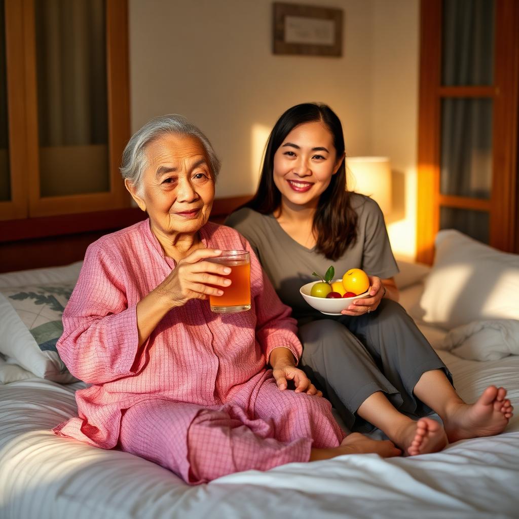 ลูกสาวนั่งใกล้คุณพ่อผู้สูงอายุ ยกแก้วน้ำอุ่นและจานผลไม้ให้ บรรยากาศบ้านยามเช้าอบอุ่น