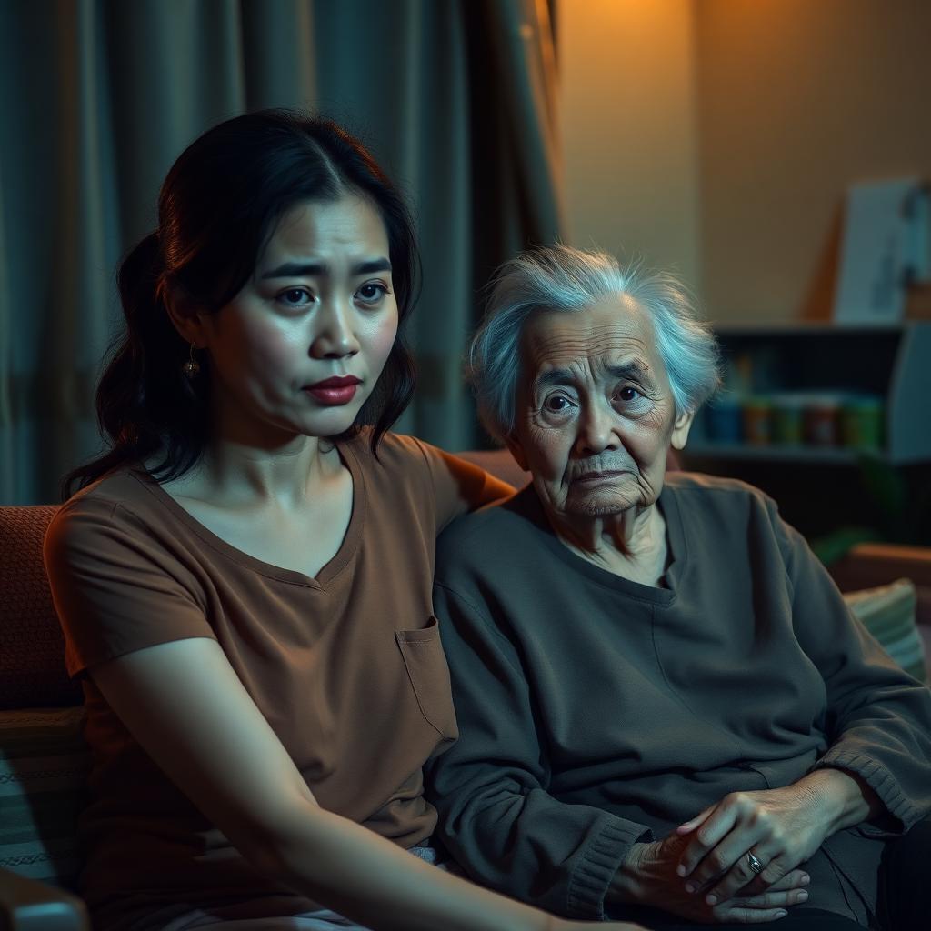 ลูกสาวนั่งดูแลคุณแม่ผู้สูงอายุที่ดูสับสนในตอนกลางคืนที่บ้าน