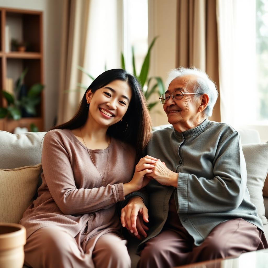 ลูกสาวจับมือคุยกับคุณแม่ผู้สูงอายุอย่างอบอุ่นที่บ้าน