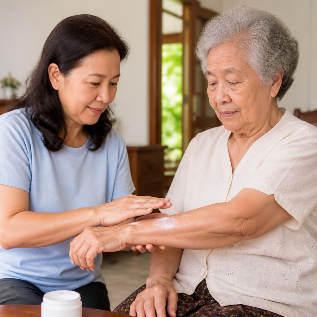 ลูกสาวช่วยทาครีมบำรุงผิวที่แขนให้คุณแม่ผู้สูงอายุอย่างอ่อนโยน