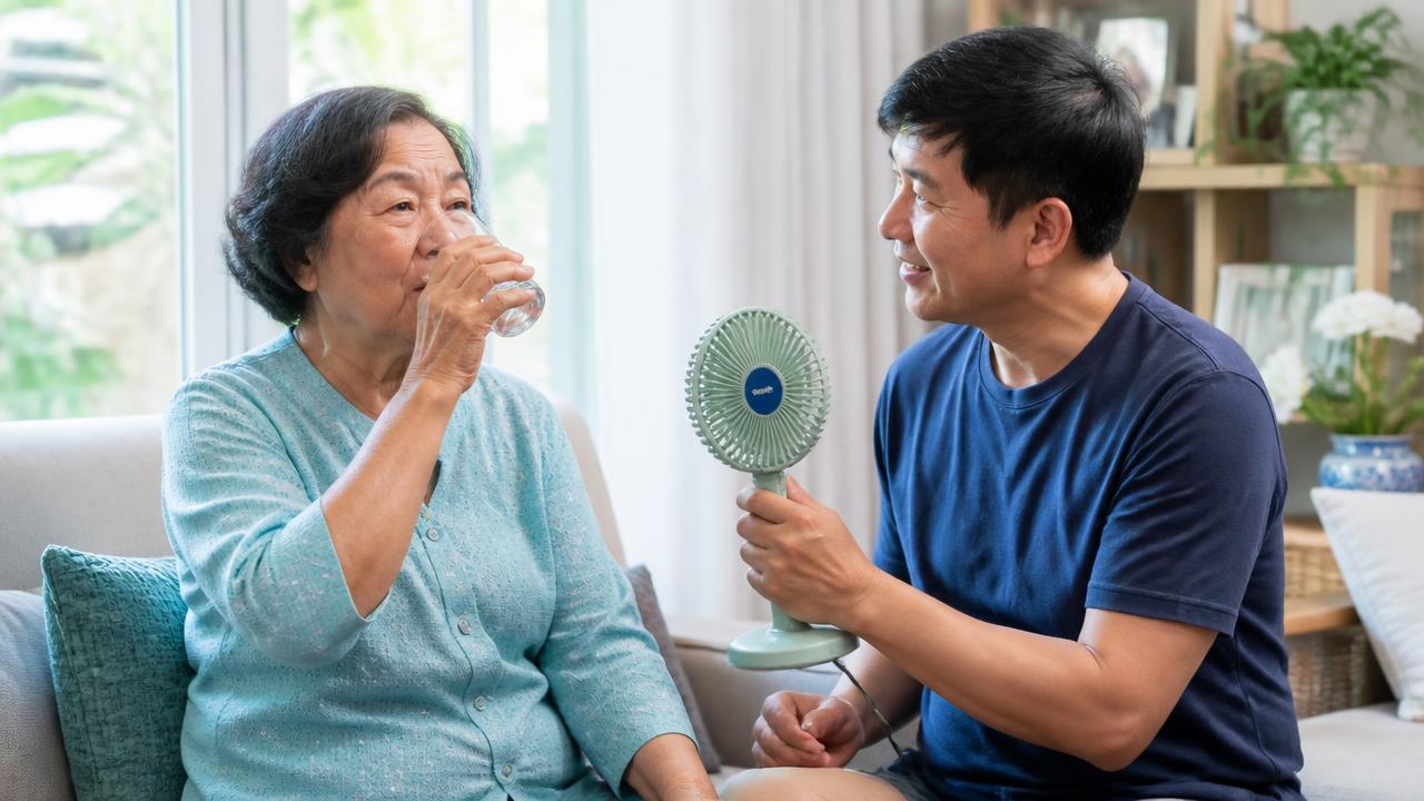 ลูกชายพัดลมให้คุณแม่ผู้สูงอายุดื่มน้ำในห้องนั่งเล่นที่บ้าน