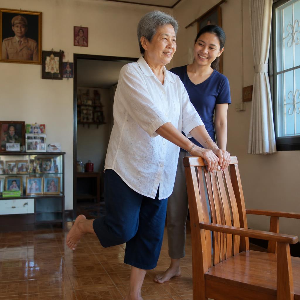 ผู้สูงอายุหญิงไทยฝึกการทรงตัวโดยจับพนักเก้าอี้ที่บ้าน โดยมีลูกสาวคอยดูแลอยู่ข้างๆ