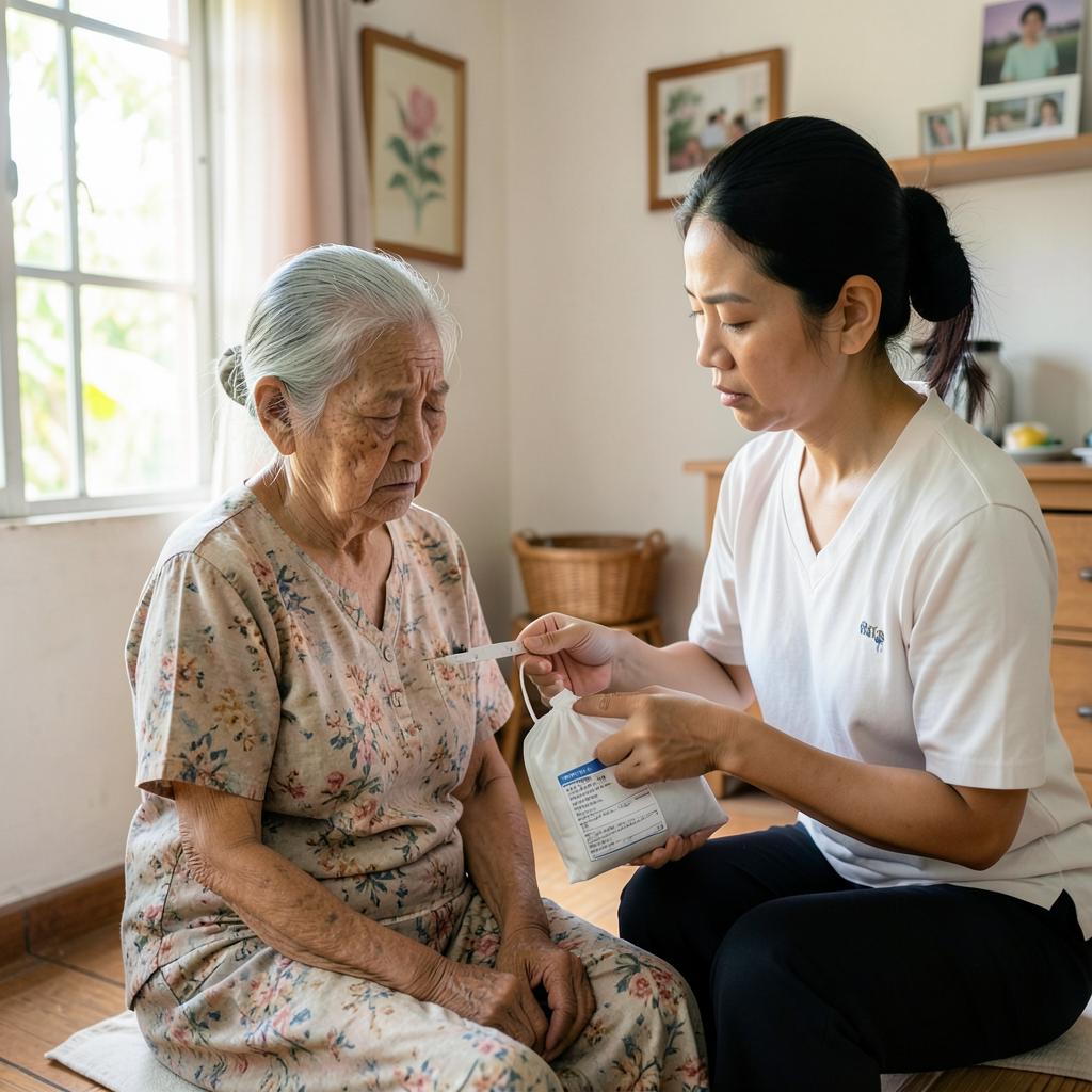 ลูกสาวดูแลคุณแม่ผู้สูงอายุที่มีอาการอ่อนแรงและเตรียมข้อมูลสุขภาพเพื่อไปโรงพยาบาล