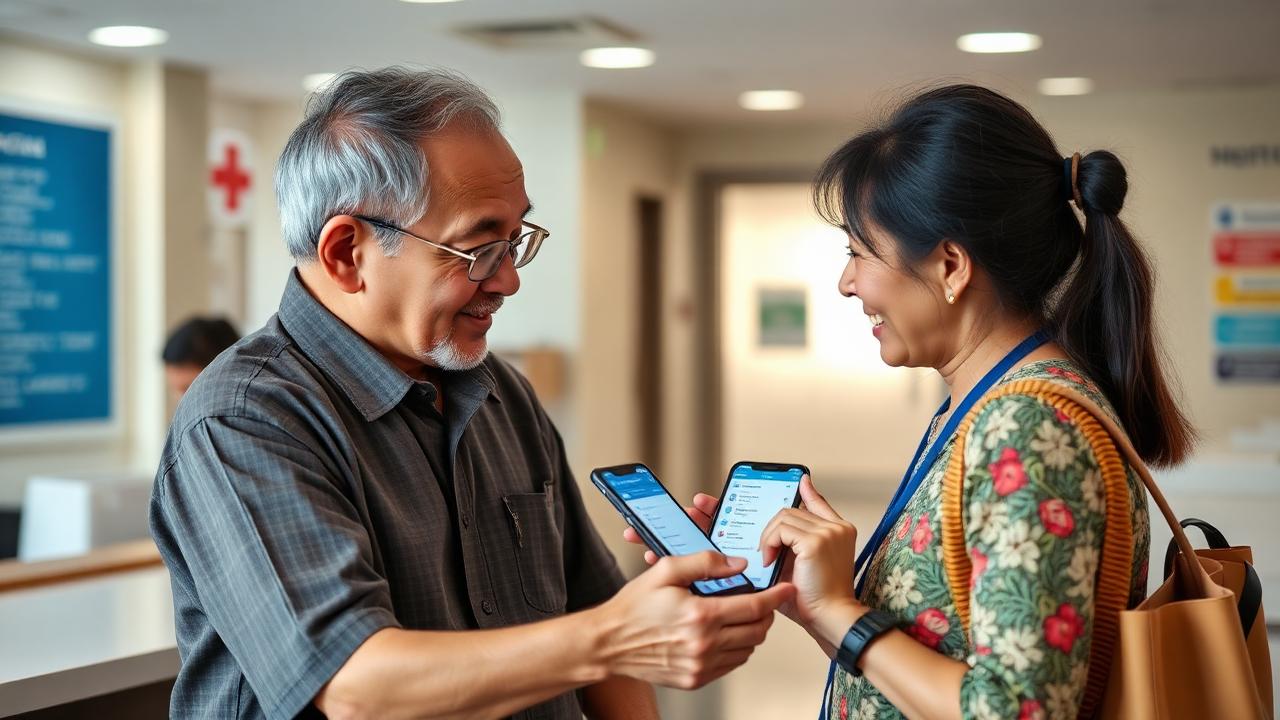 ลูกสาวพาพ่อสูงอายุมาที่จุดลงทะเบียนโรงพยาบาลพร้อมดูข้อมูลในมือถือ