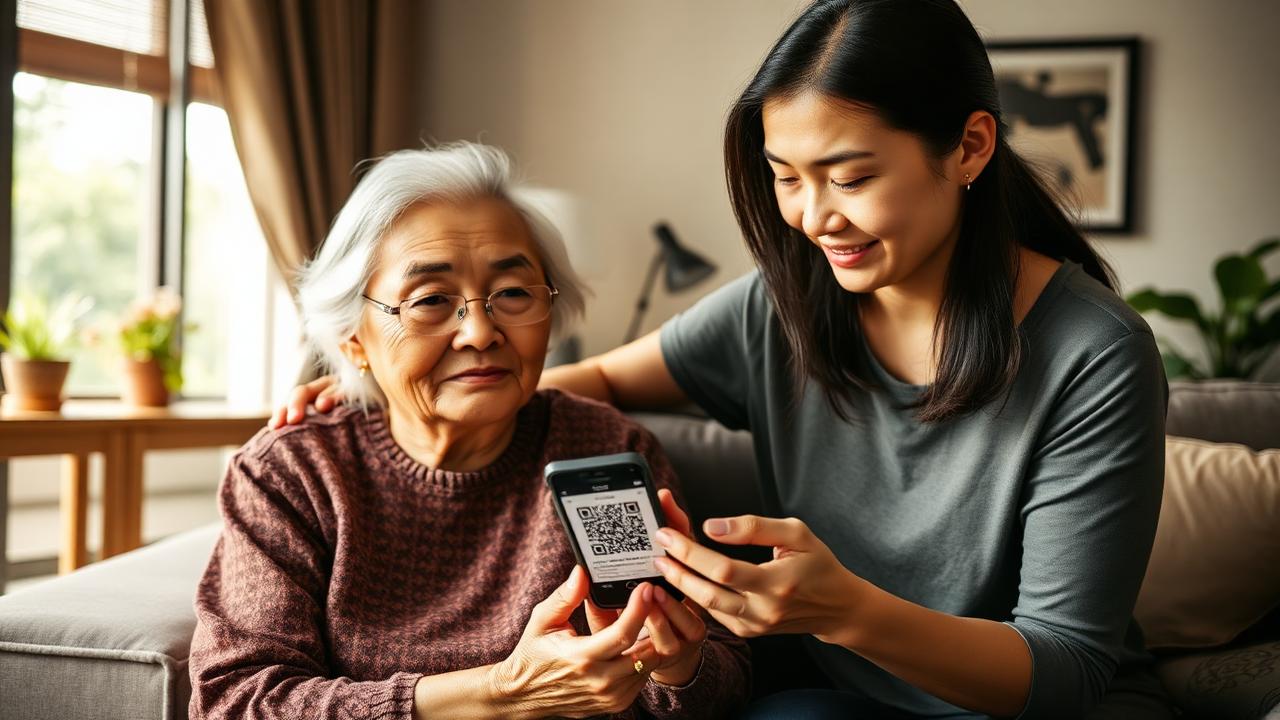 ลูกสาวแสดงบัตรสุขภาพฉุกเฉินแบบ QR บนมือถือให้แม่ผู้สูงอายุดูที่บ้าน