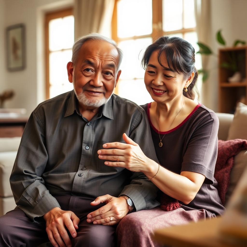 ลูกสาวจับมือพ่อผู้สูงอายุที่มือสั่นจากโรคพาร์กินสันอย่างอ่อนโยนที่บ้าน