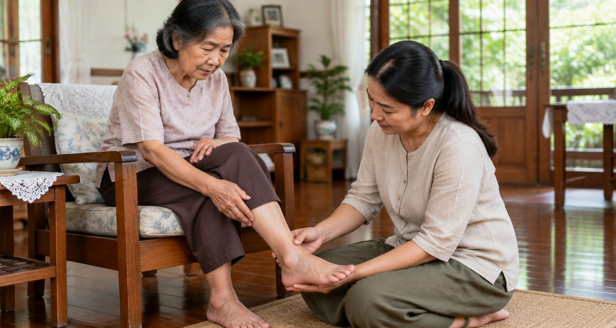 ลูกสาวช่วยตรวจเท้าคุณแม่ผู้สูงอายุที่มีอาการชาในบ้าน